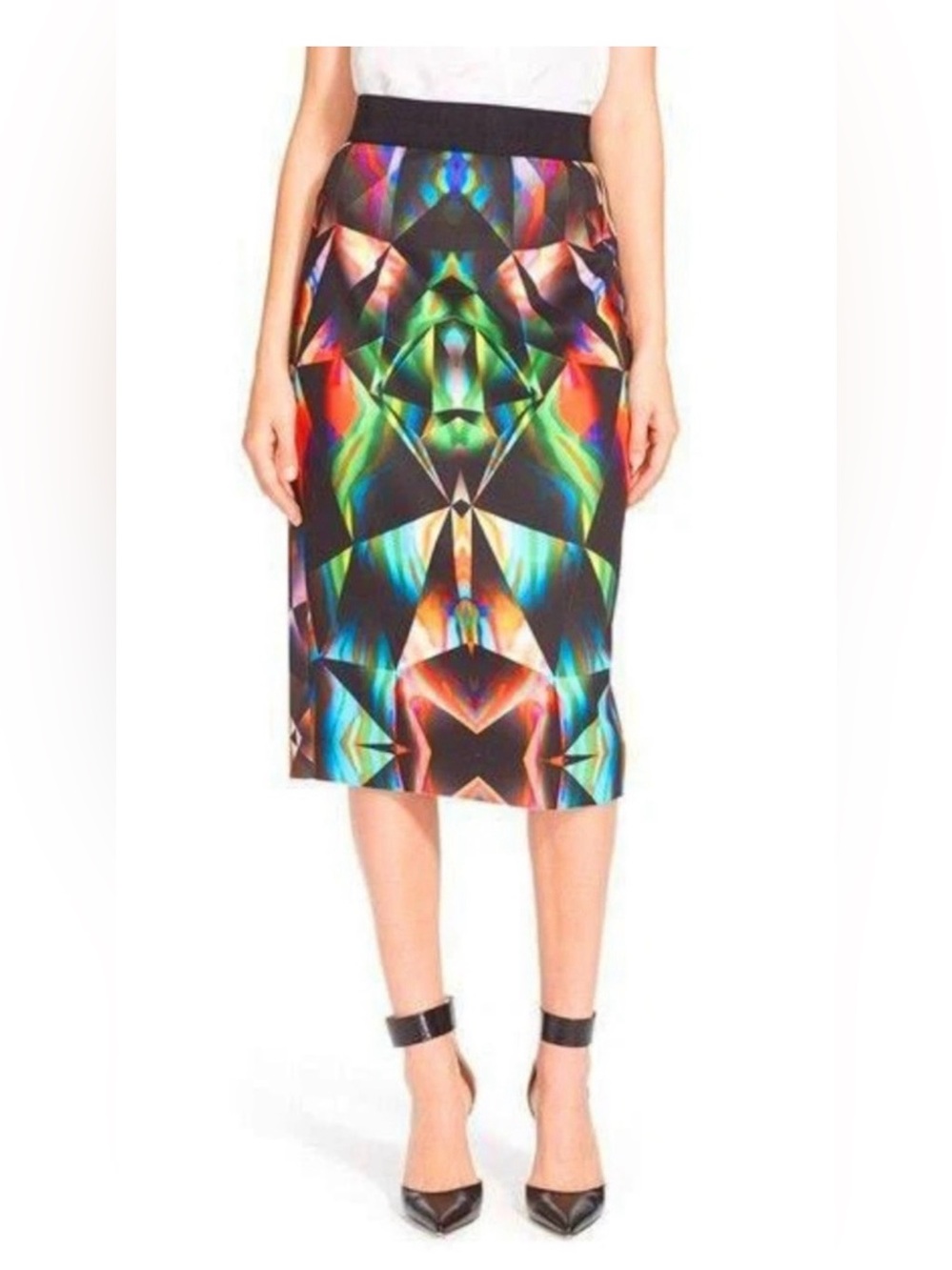 Milly Multicolor Geometric Midi Skirt - Black Base with Rainbow Print
